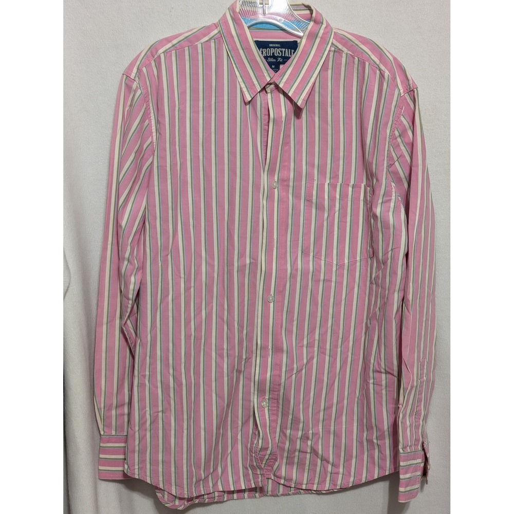 Aeropostale Mens Slim Fit Button Down Shirt Pink White Striped Cotton Medium